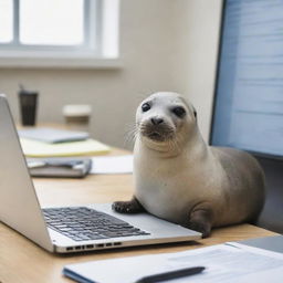 A focused seal sitting at a modern computer desk, intensely working on a laptop, surrounded by office supplies.