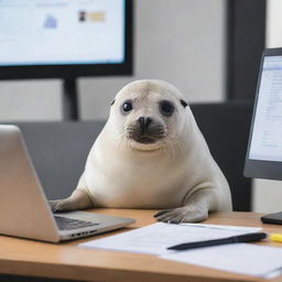 A focused seal sitting at a modern computer desk, intensely working on a laptop, surrounded by office supplies.