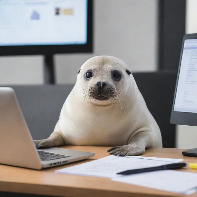 A focused seal sitting at a modern computer desk, intensely working on a laptop, surrounded by office supplies.