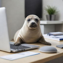 A focused seal sitting at a modern computer desk, intensely working on a laptop, surrounded by office supplies.