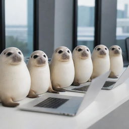 Eight industrious seals sitting in a row, each working diligently on a laptop at a contemporary workspace.