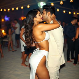 Sensual depiction of Rakul Preet in a stylish white skirt with a slit, as she is in the act of removing her bikini top, revealing her alluring cleavage and navel