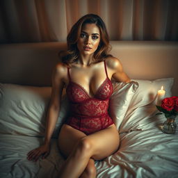 A sensual scene depicting a beautiful, confident woman in a dimly lit, luxurious bedroom, wearing elegant lingerie