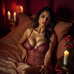 A sensual scene depicting a beautiful, confident woman in a dimly lit, luxurious bedroom, wearing elegant lingerie