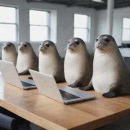 Eight industrious seals sitting in a row, each working diligently on a laptop at a contemporary workspace.