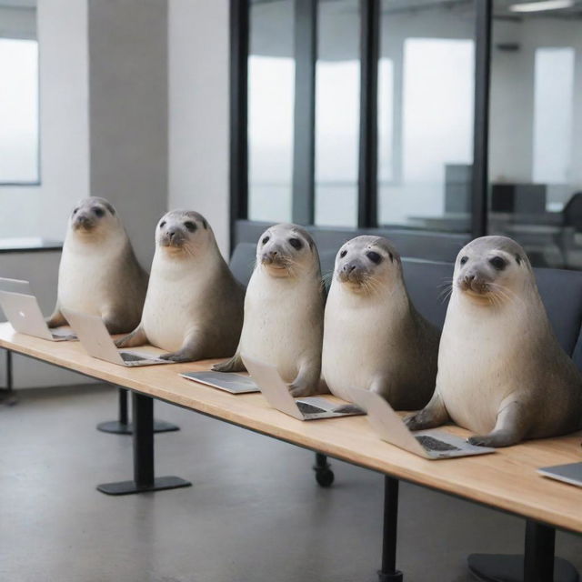 Eight industrious seals sitting in a row, each working diligently on a laptop at a contemporary workspace.