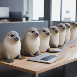 Eight industrious seals sitting in a row, each working diligently on a laptop at a contemporary workspace.