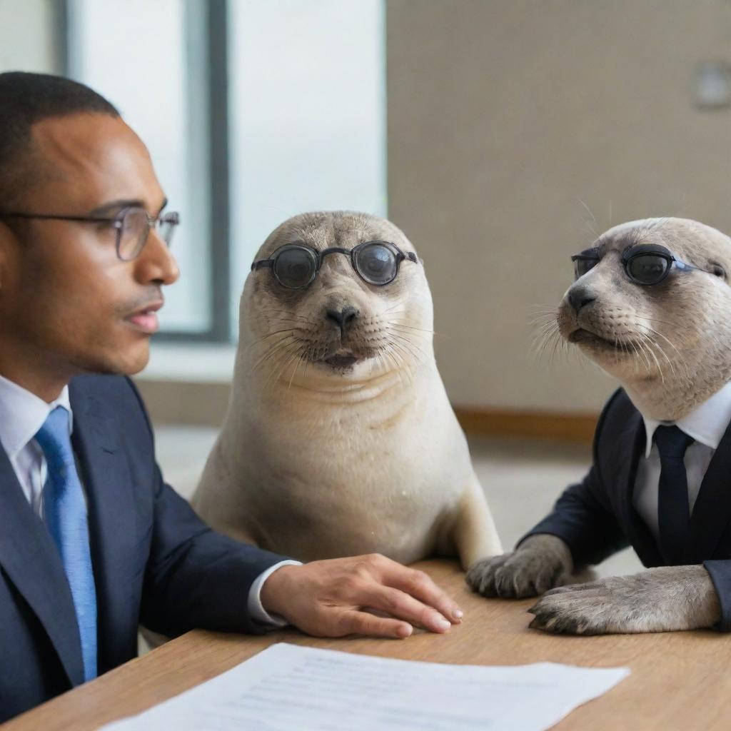 Three seals engaged in an interactive meeting, one of them wearing sophisticated glasses, showcasing a scene of serious discussion.