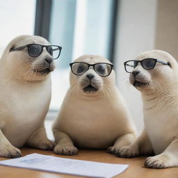 Three seals engaged in an interactive meeting, one of them wearing sophisticated glasses, showcasing a scene of serious discussion.