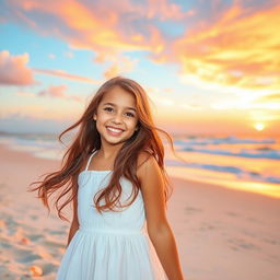 A beautiful girl with radiant features and a joyful expression, standing on a picturesque beach during sunset