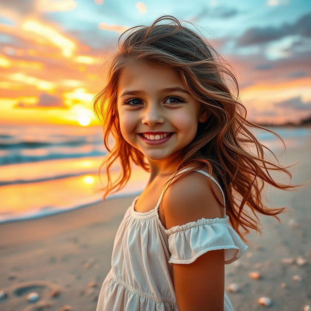 A beautiful girl with radiant features and a joyful expression, standing on a picturesque beach during sunset