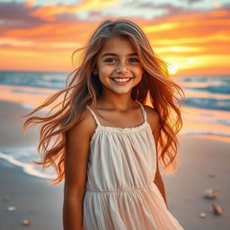 A beautiful girl with radiant features and a joyful expression, standing on a picturesque beach during sunset