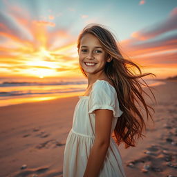 A beautiful girl with radiant features and a joyful expression, standing on a picturesque beach during sunset