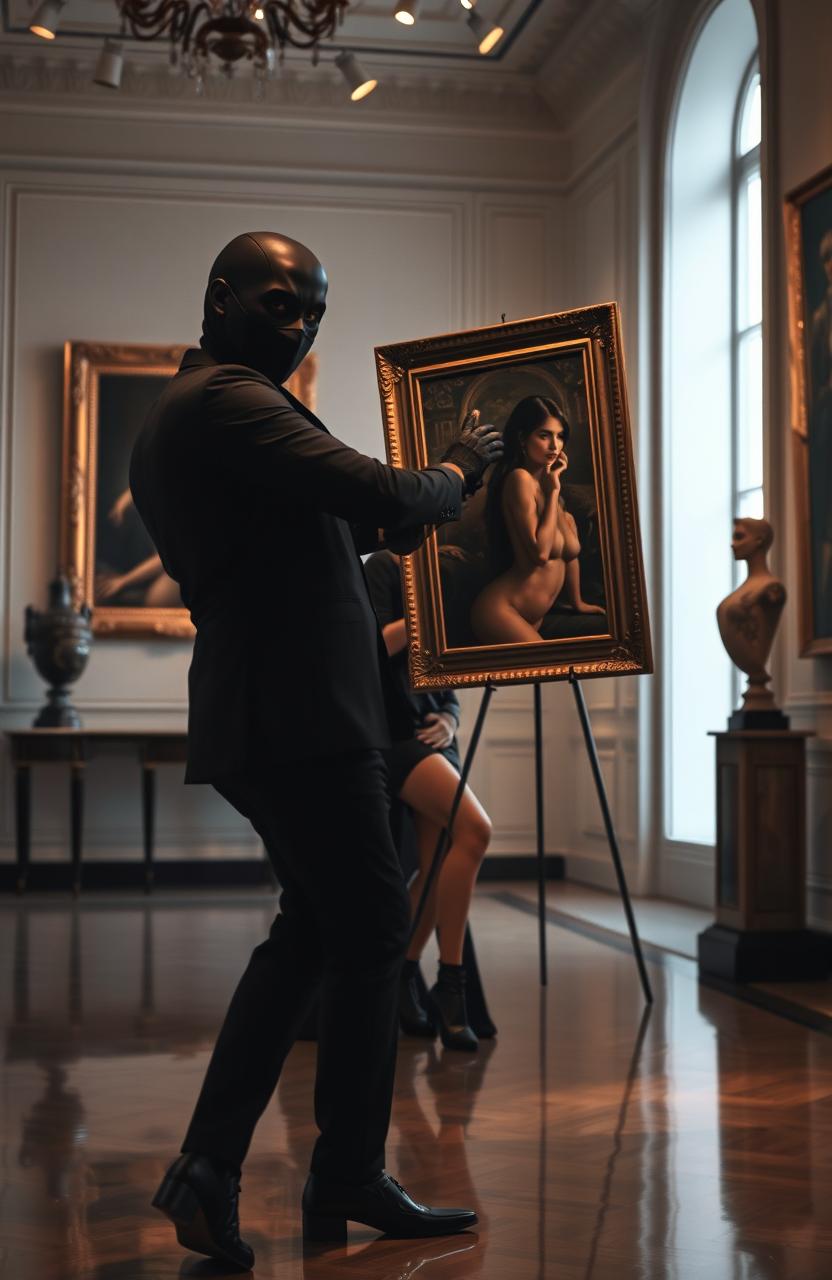 A thrilling art heist scene infused with elements of romance, set in an elegant, high-end art gallery