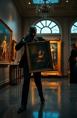 A thrilling art heist scene infused with elements of romance, set in an elegant, high-end art gallery