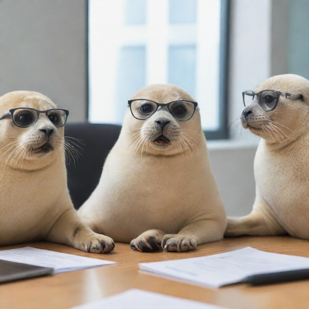 Three seals engaged in an interactive meeting, one of them wearing sophisticated glasses, showcasing a scene of serious discussion.