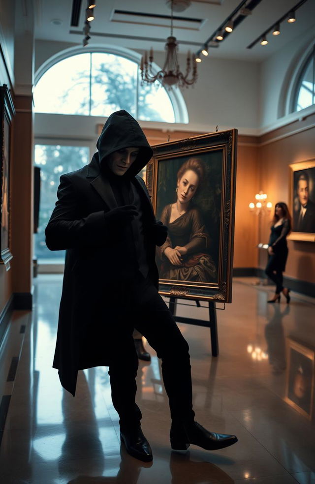 A thrilling art heist scene infused with elements of romance, set in an elegant, high-end art gallery