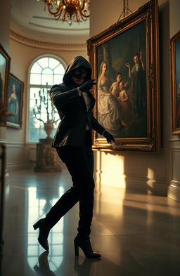 A thrilling art heist scene infused with elements of romance, set in an elegant, high-end art gallery