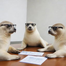 Three seals engaged in an interactive meeting, one of them wearing sophisticated glasses, showcasing a scene of serious discussion.