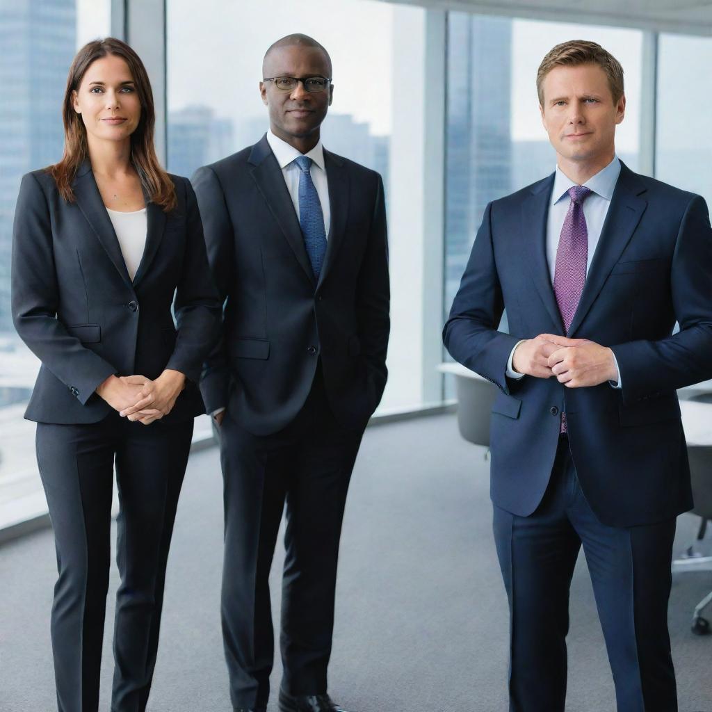 Three seals smartly dressed in sleek corporate attire, engaged in a professional meeting against a contemporary office backdrop.