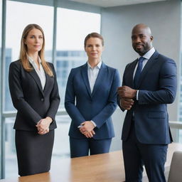 Three seals smartly dressed in sleek corporate attire, engaged in a professional meeting against a contemporary office backdrop.