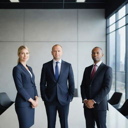 Three seals smartly dressed in sleek corporate attire, engaged in a professional meeting against a contemporary office backdrop.