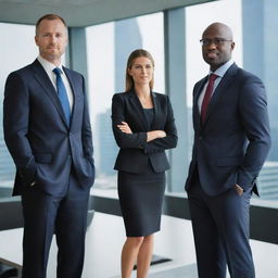 Three seals smartly dressed in sleek corporate attire, engaged in a professional meeting against a contemporary office backdrop.