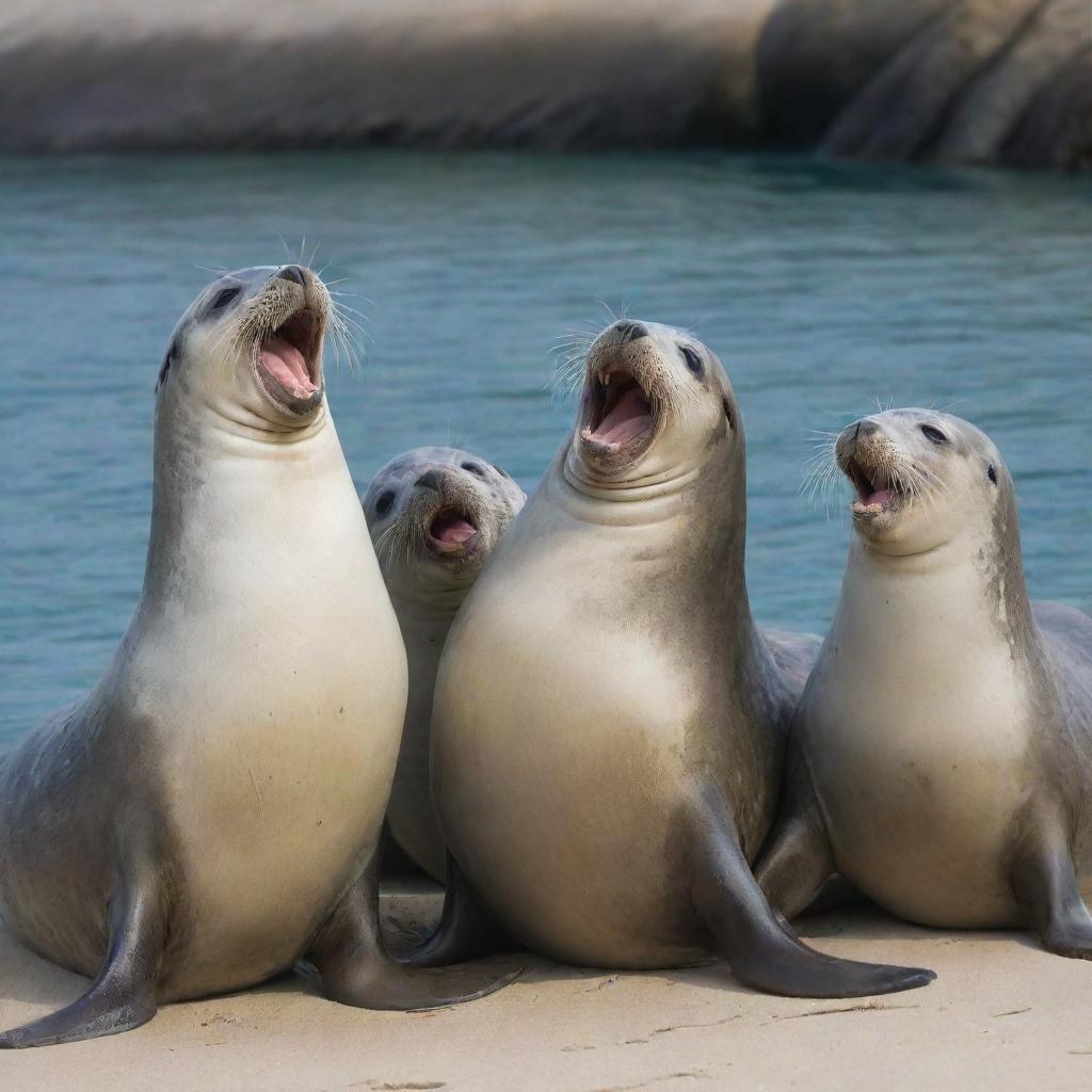 A lively group of seals chuckling together, deeply engaged in a light-hearted and fun conversation.