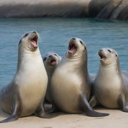 A lively group of seals chuckling together, deeply engaged in a light-hearted and fun conversation.