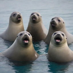 A lively group of seals chuckling together, deeply engaged in a light-hearted and fun conversation.