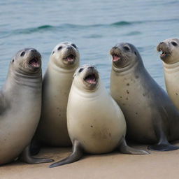 A lively group of seals chuckling together, deeply engaged in a light-hearted and fun conversation.