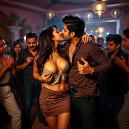 Sensual depiction of Nushrat Bharucha in a stylish short skirt with a daring slit as she removes her shirt, revealing her enticing cleavage and navel