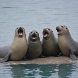 A lively group of seals chuckling together, deeply engaged in a light-hearted and fun conversation.