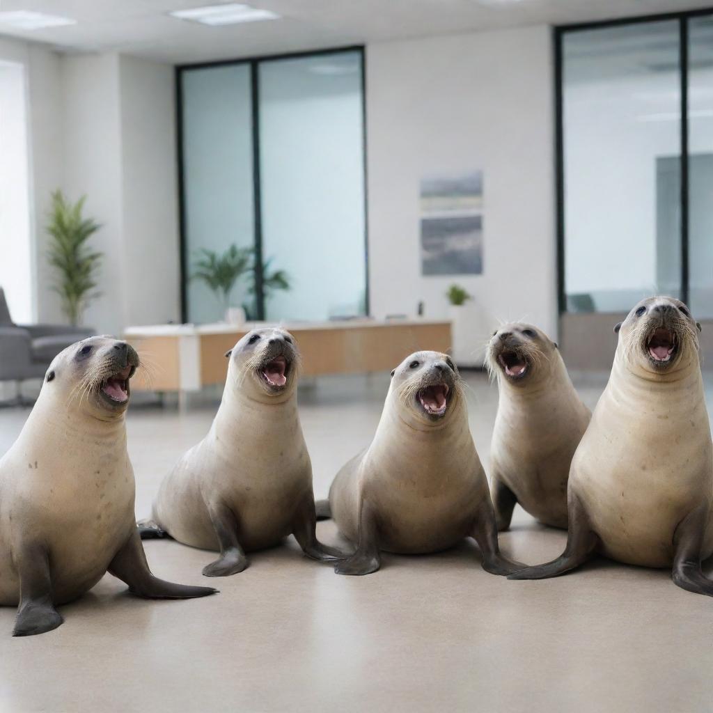 A cheerful group of seals immersed in a fun conversation at a modern office, filled with laughter and positive energy.