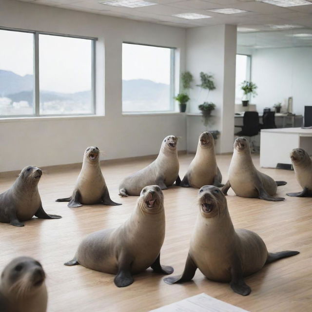 A cheerful group of seals immersed in a fun conversation at a modern office, filled with laughter and positive energy.