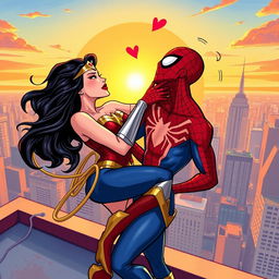A dramatic and whimsical illustration featuring two superheroes, Wonder Woman and Spider-Man, playfully engaging in an intimate moment