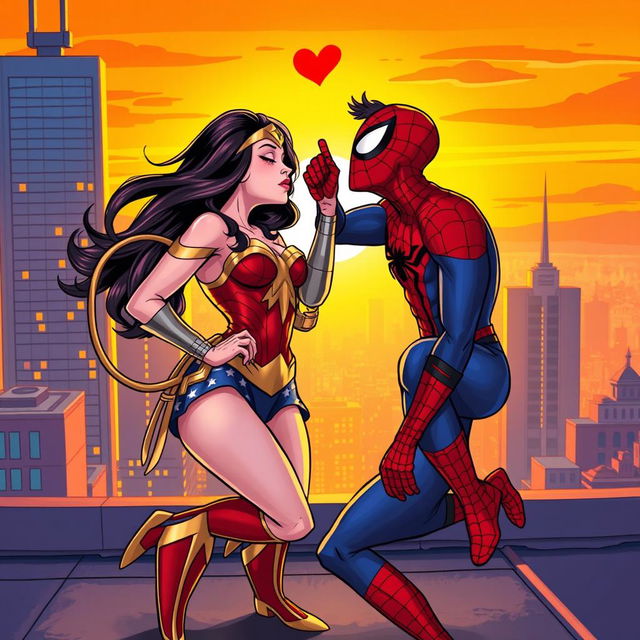 A dramatic and whimsical illustration featuring two superheroes, Wonder Woman and Spider-Man, playfully engaging in an intimate moment