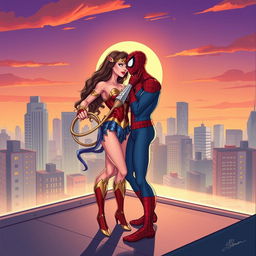 A dramatic and whimsical illustration featuring two superheroes, Wonder Woman and Spider-Man, playfully engaging in an intimate moment