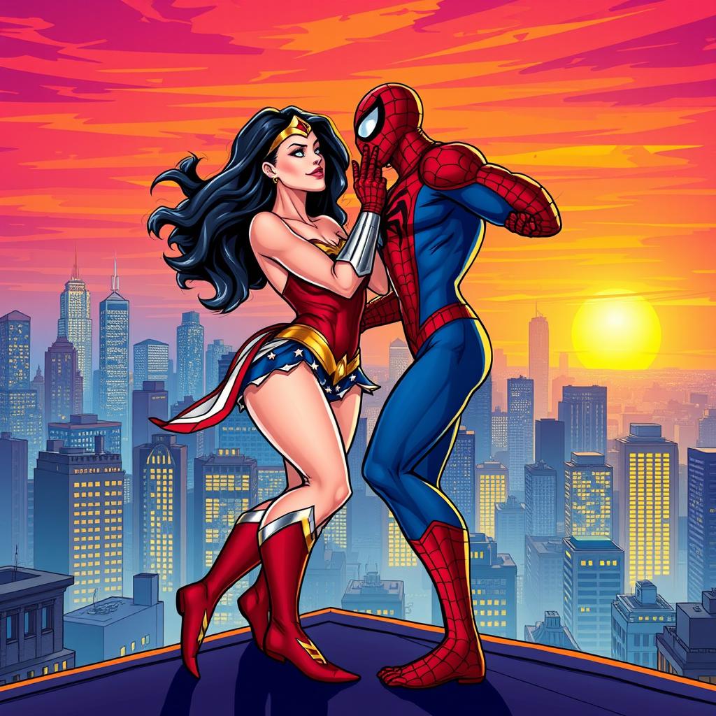 A dramatic and whimsical illustration featuring two superheroes, Wonder Woman and Spider-Man, playfully engaging in an intimate moment