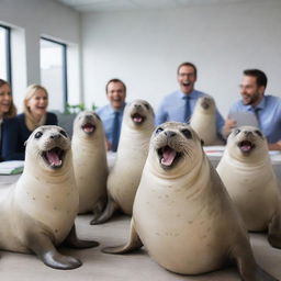 A cheerful group of seals immersed in a fun conversation at a modern office, filled with laughter and positive energy.