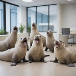 A cheerful group of seals immersed in a fun conversation at a modern office, filled with laughter and positive energy.