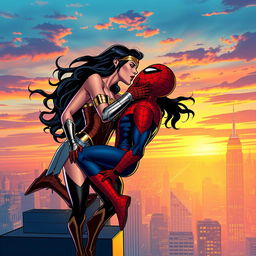 A dynamic comic book style image of Wonder Woman and Spider-Man passionately kissing, set against a vibrant city skyline at sunset