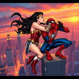 A dynamic comic book style image of Wonder Woman and Spider-Man passionately kissing, set against a vibrant city skyline at sunset