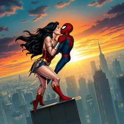 A dynamic comic book style image of Wonder Woman and Spider-Man passionately kissing, set against a vibrant city skyline at sunset