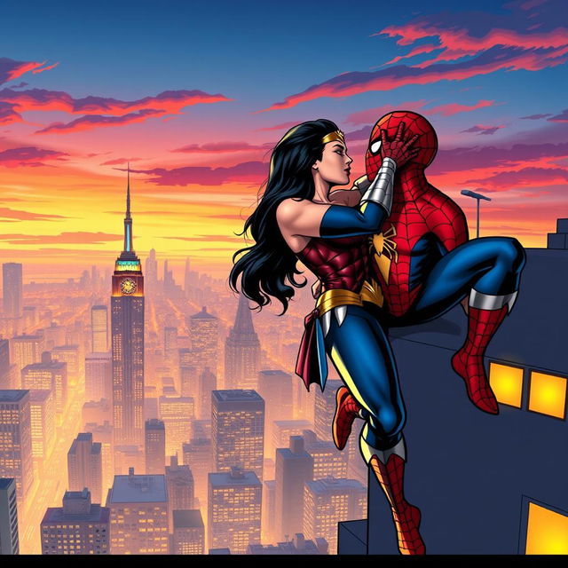 A dynamic comic book style image of Wonder Woman and Spider-Man passionately kissing, set against a vibrant city skyline at sunset