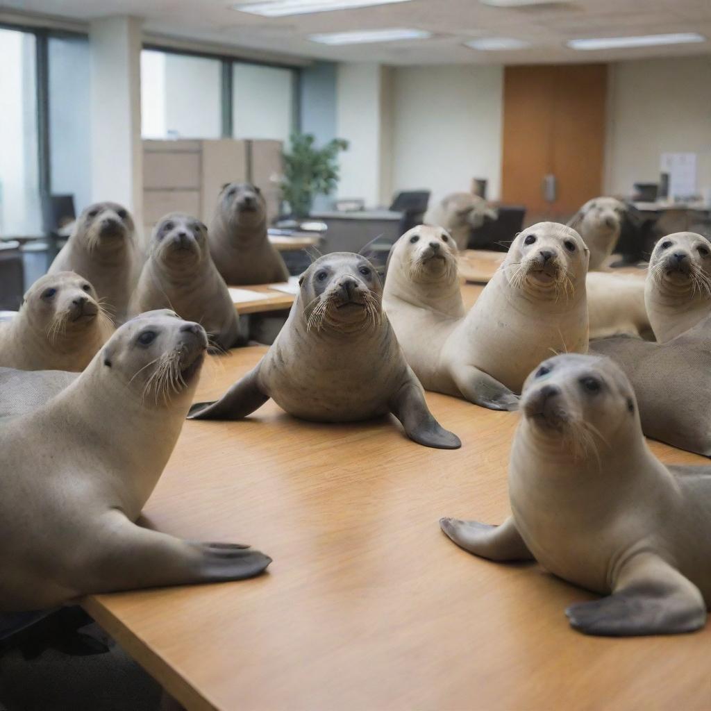 A lively group of seals seated around a desk, engrossed in a hilarious conversation in a bustling office environment.