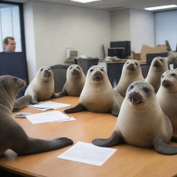 A lively group of seals seated around a desk, engrossed in a hilarious conversation in a bustling office environment.