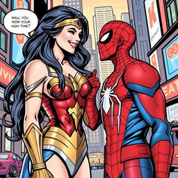 A playful comic book style image of Wonder Woman and Spider-Man sharing a lighthearted moment, set in a vibrant city