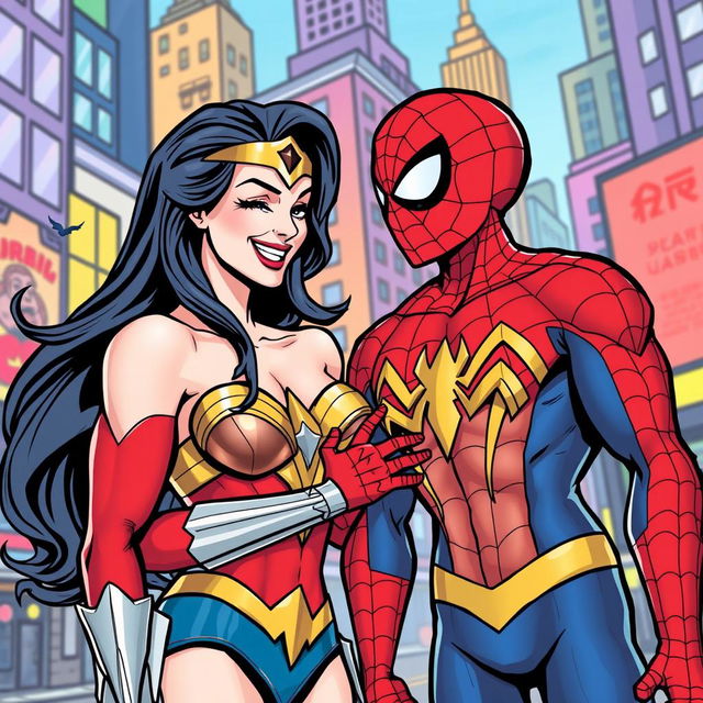 A playful comic book style image of Wonder Woman and Spider-Man sharing a lighthearted moment, set in a vibrant city