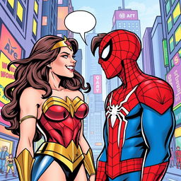 A playful comic book style image of Wonder Woman and Spider-Man sharing a lighthearted moment, set in a vibrant city